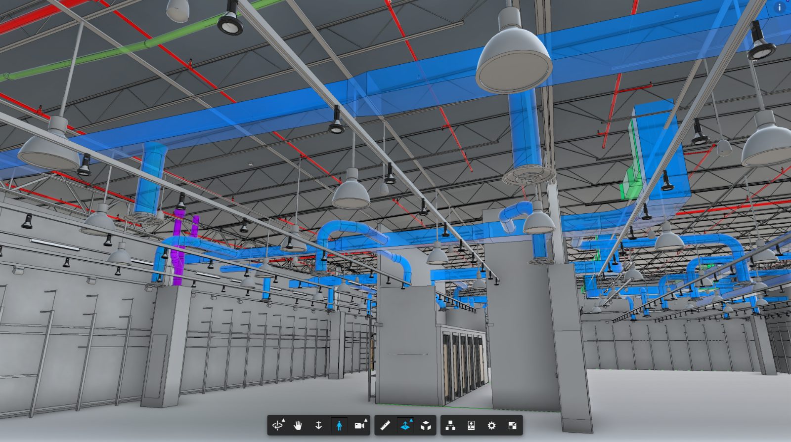 Revit BIM model of a warehouse with color-coded MEP systems