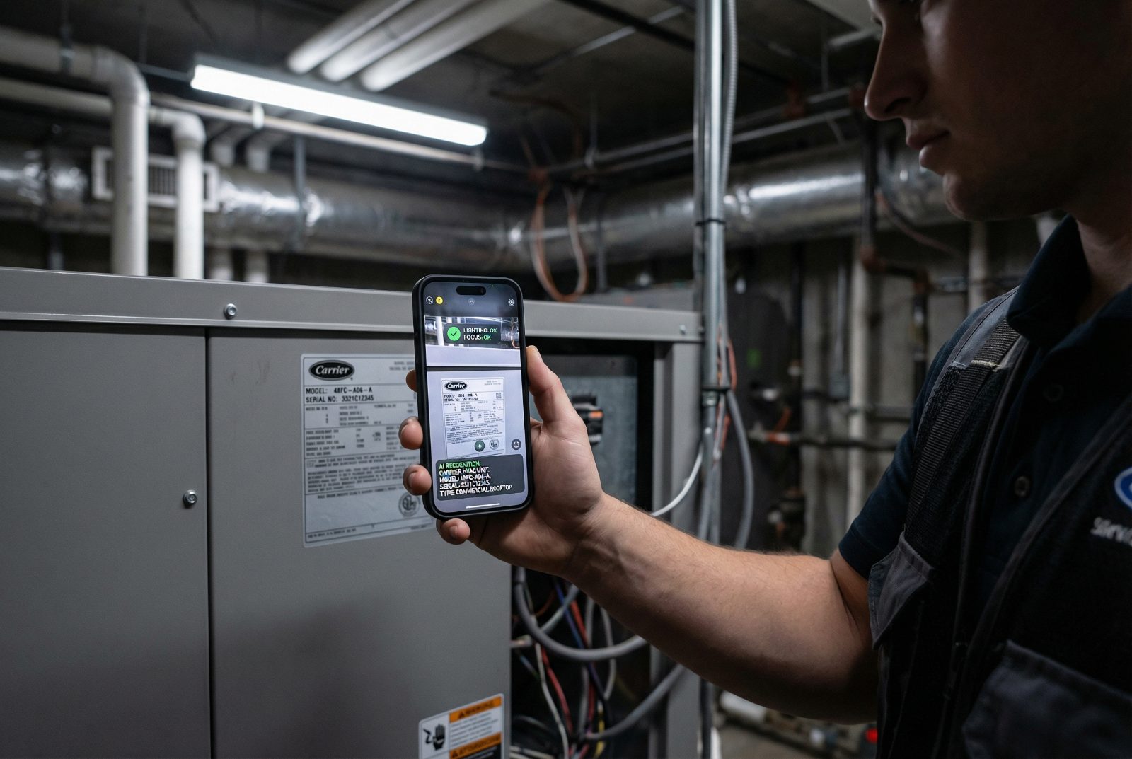 Technician using the Robotic Imaging mobile app to scan an HVAC nameplate