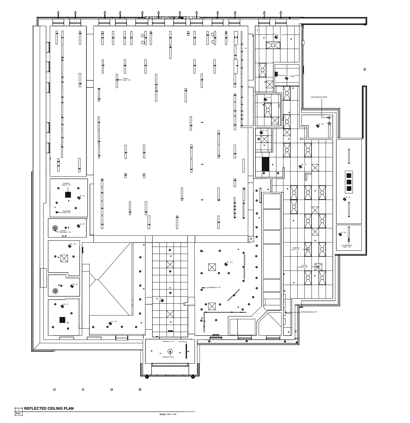 Reflected ceiling plan — CAD drawing showing lighting layout, diffusers, sprinklers and ceiling grid