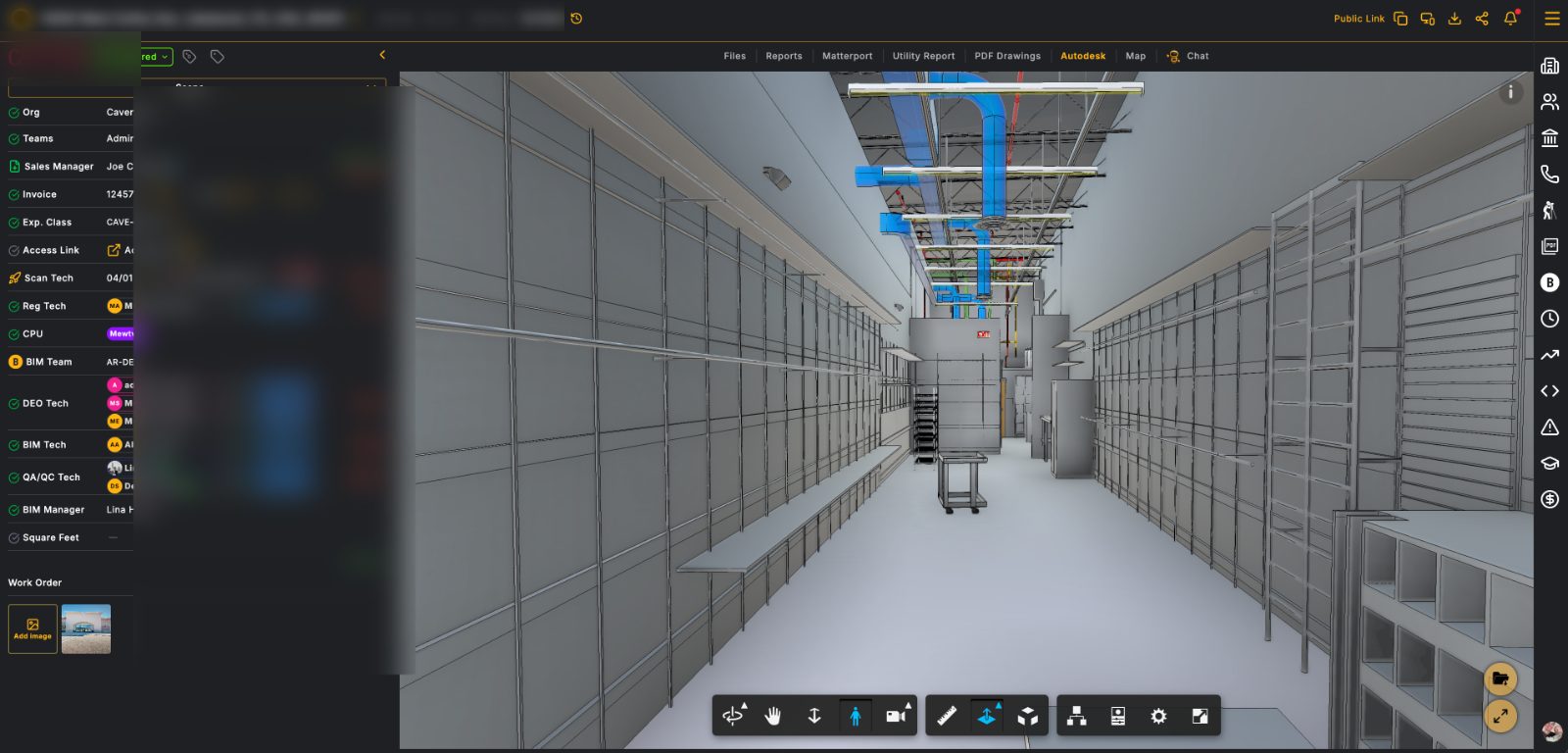RI Intelligence work order — scope tracking, team assignments and 3D scan view (client info blurred)