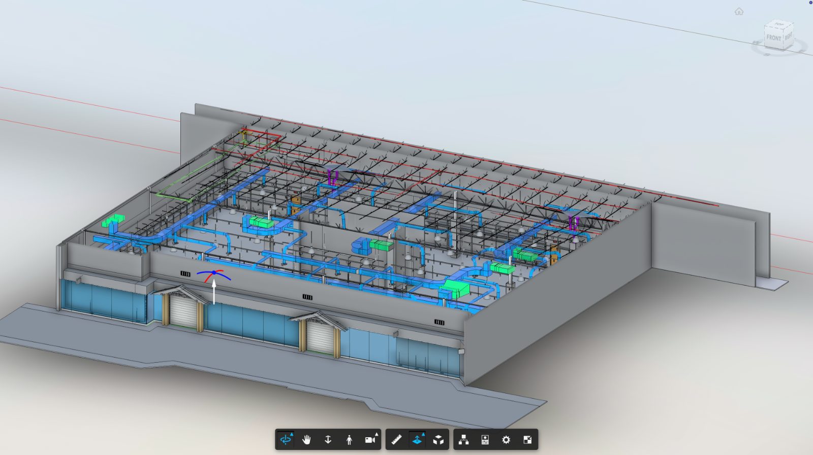 Revit model of a commercial building with MEP ductwork visible through the roof framing