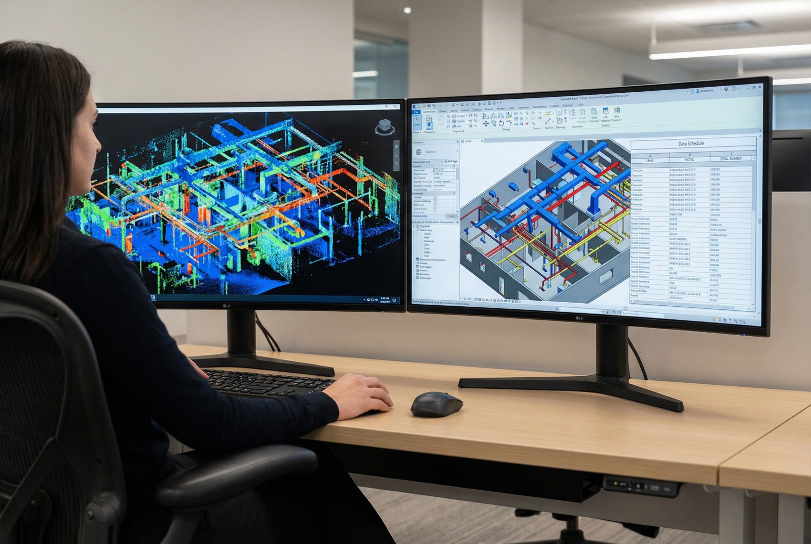 Technician viewing a point cloud alongside a Revit model with MEP systems