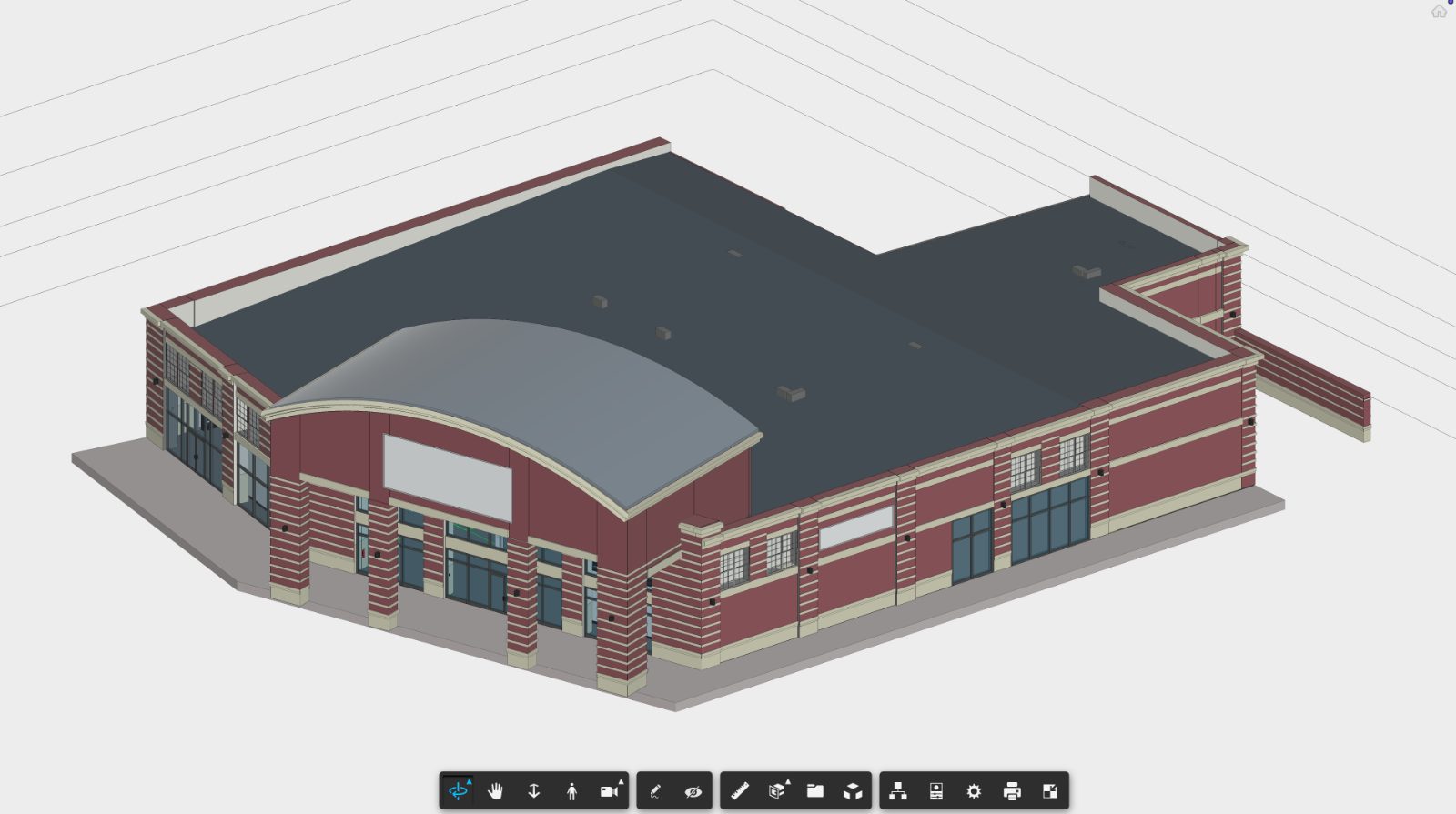 Revit model of a retail building with barrel-vaulted entry