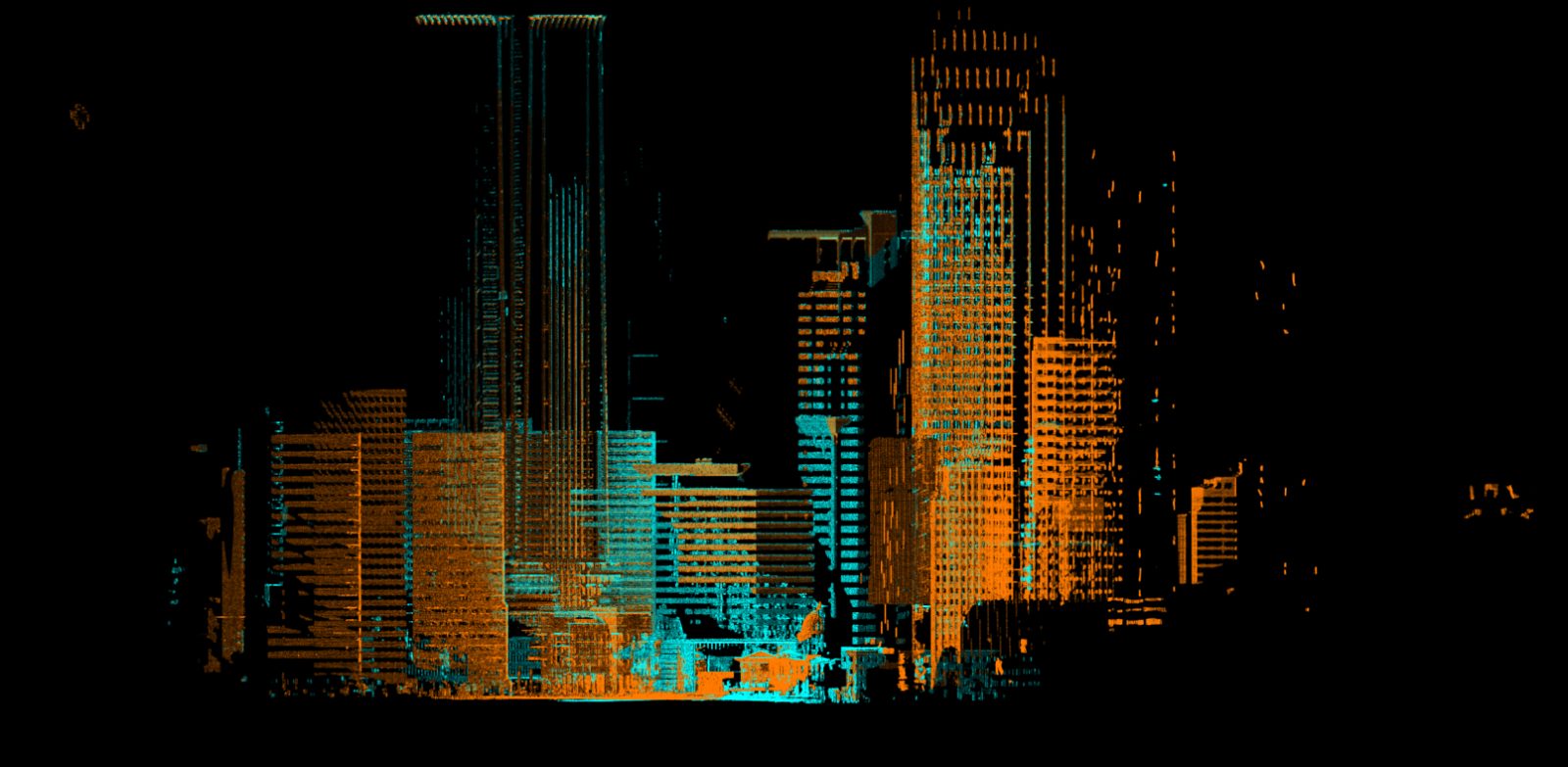Colorized point cloud of a city skyline — cyan and amber registered scan data