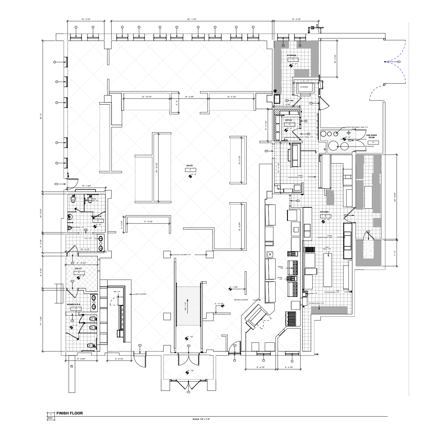 As-built 2D architectural floor plan — plan view with dimensions, fixture layout and grid references